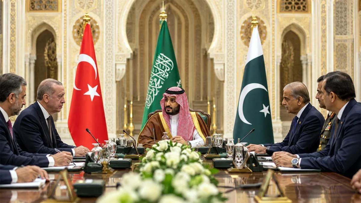 Erdogan (izq), bin Salmán (centro) y Sharif (der) al momento de la firma.